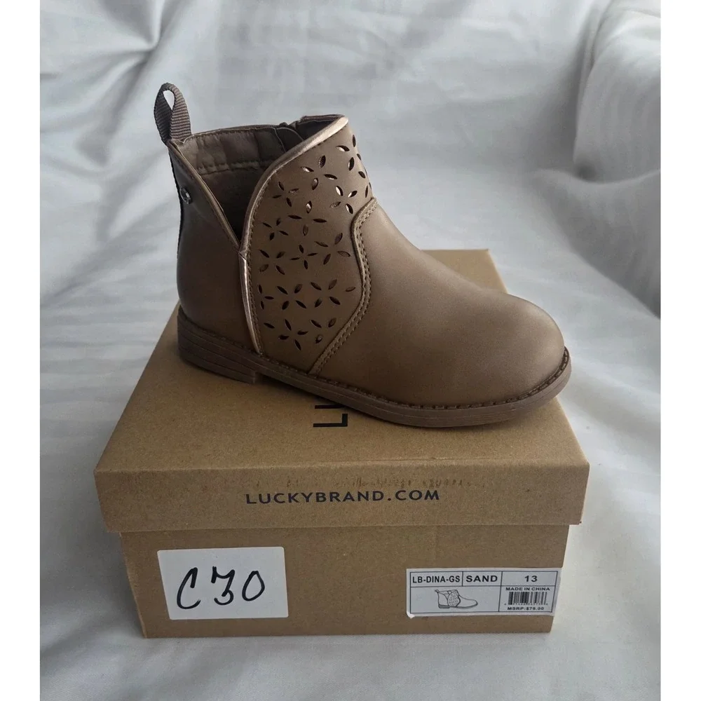 Lucky Brand Tan Floral Laser Cut Ankle Boots Tan Gold Trim Zipper Bootie Size 13